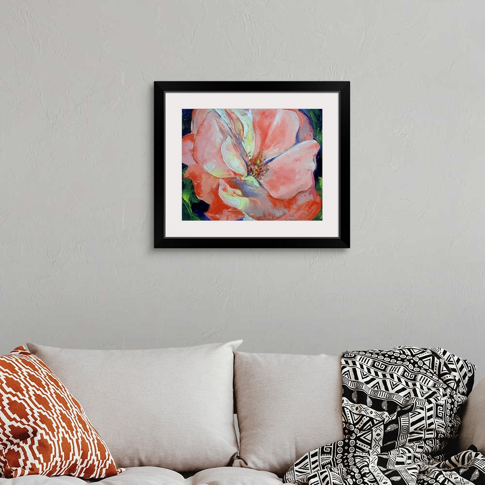 A bohemian room featuring Horizontal, floral painting on a large wall hanging of one giant rose, it's leaves on the outer e...