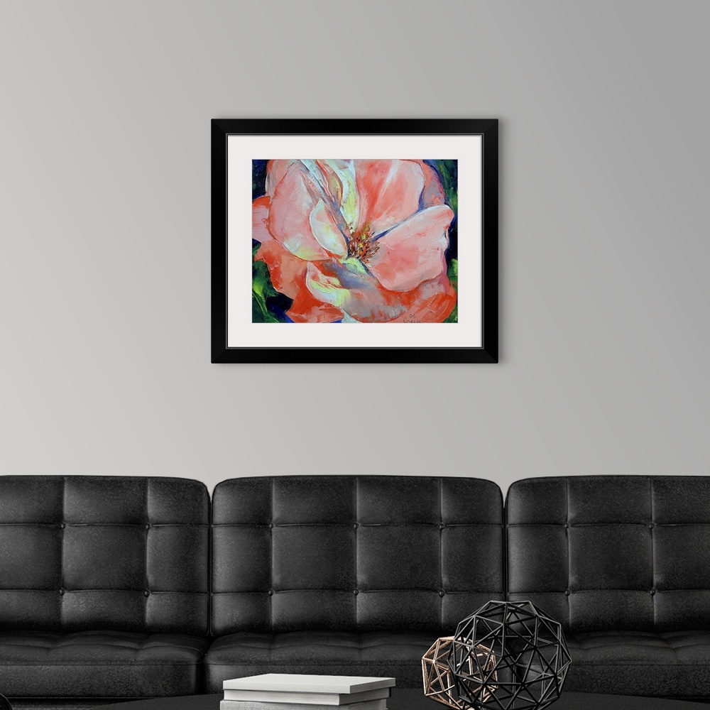 A modern room featuring Horizontal, floral painting on a large wall hanging of one giant rose, it's leaves on the outer e...
