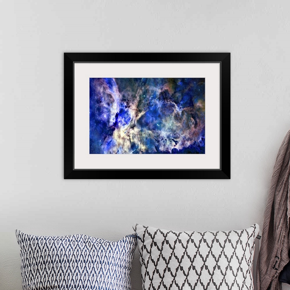 A bohemian room featuring Big space art showcases a nebula as it surrounds several open clusters of bright stars, two of wh...