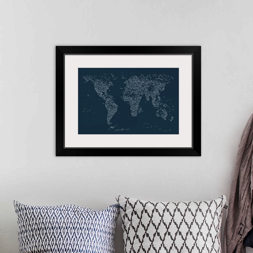 A bohemian room featuring Huge illustration shows a map of Earth by plotting the names of big cities to represent the outli...