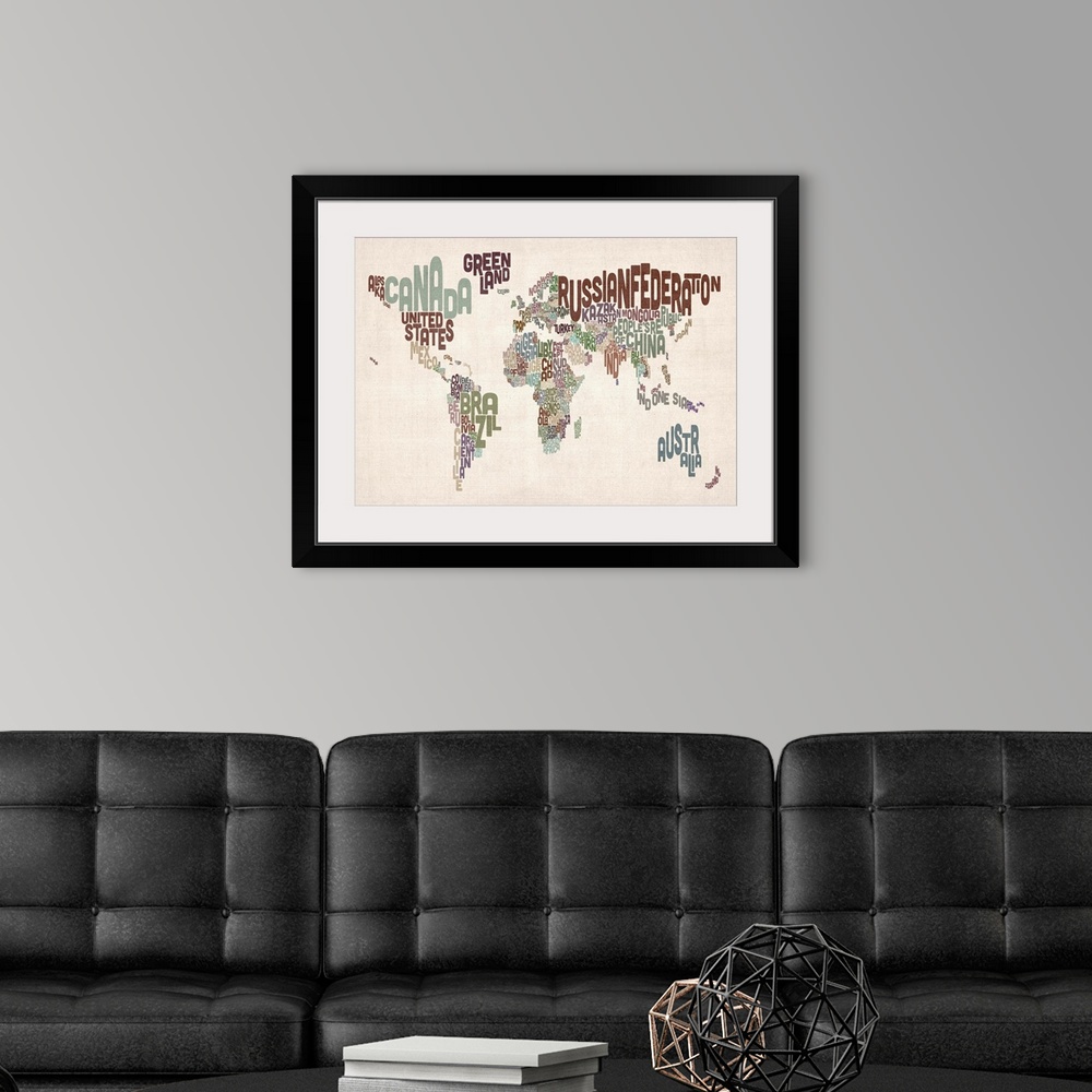 A modern room featuring Typographic map where the countries and continents are created with their names in a neutral colo...