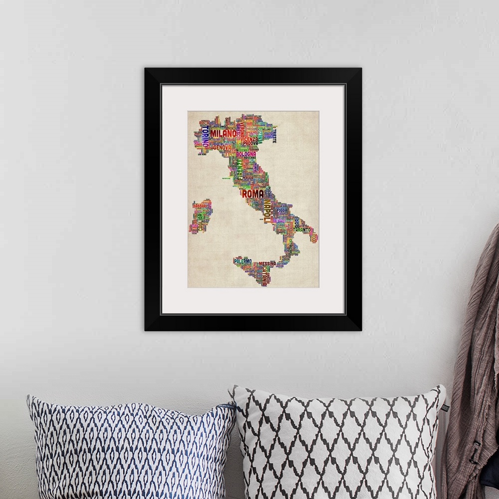 A bohemian room featuring Typography art depicting the country of Italy composed completely out of the names of cities in a...