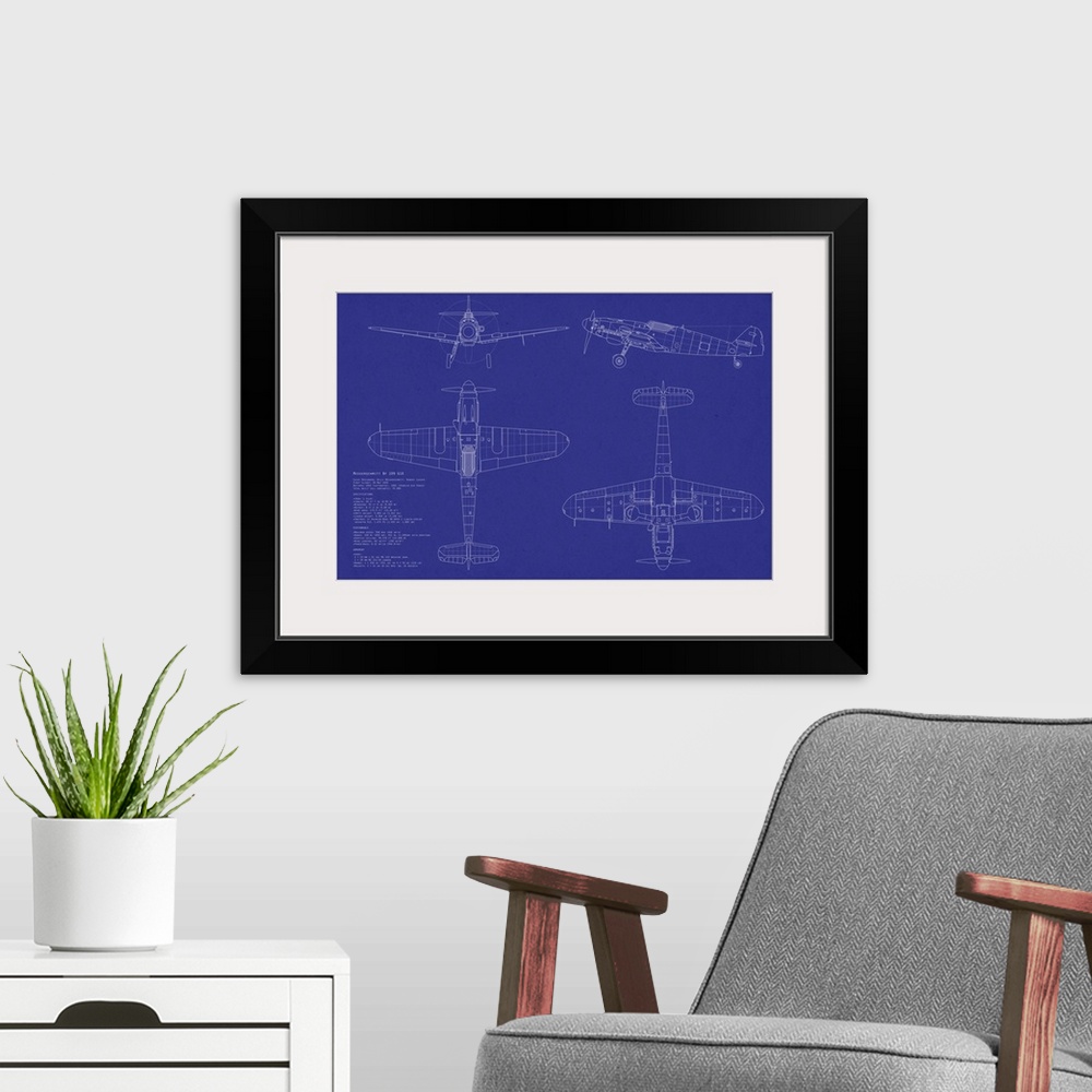 A modern room featuring This large piece is a blueprint of a Messerschmitt airplane.