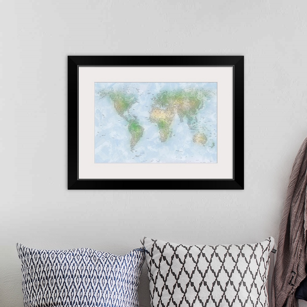 A bohemian room featuring World map painted in watercolors with no lines for country or land boundaries drawn just names of...