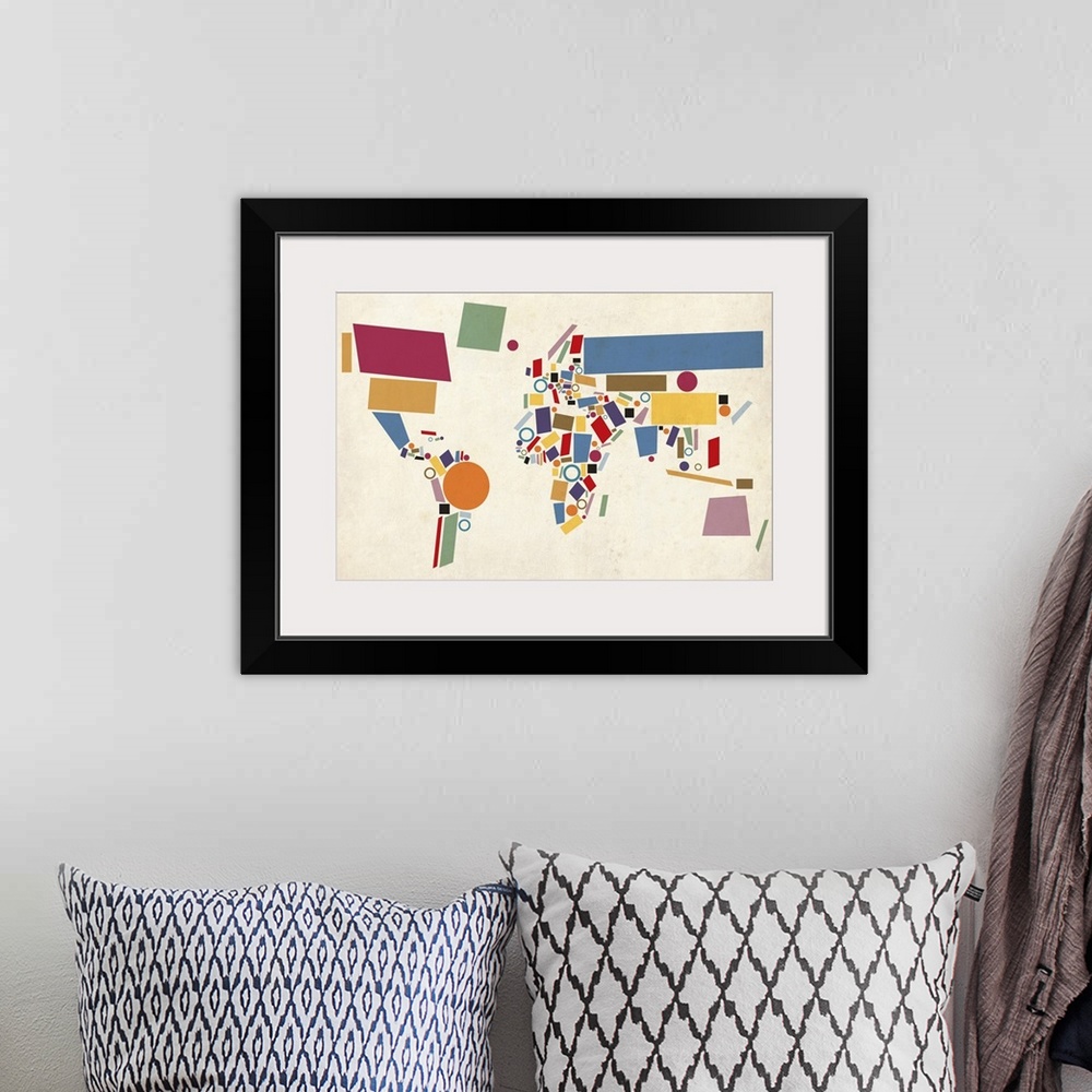 A bohemian room featuring Map of the World Abstract Canvas and Art Print. This map has been done in the style of Russian pa...