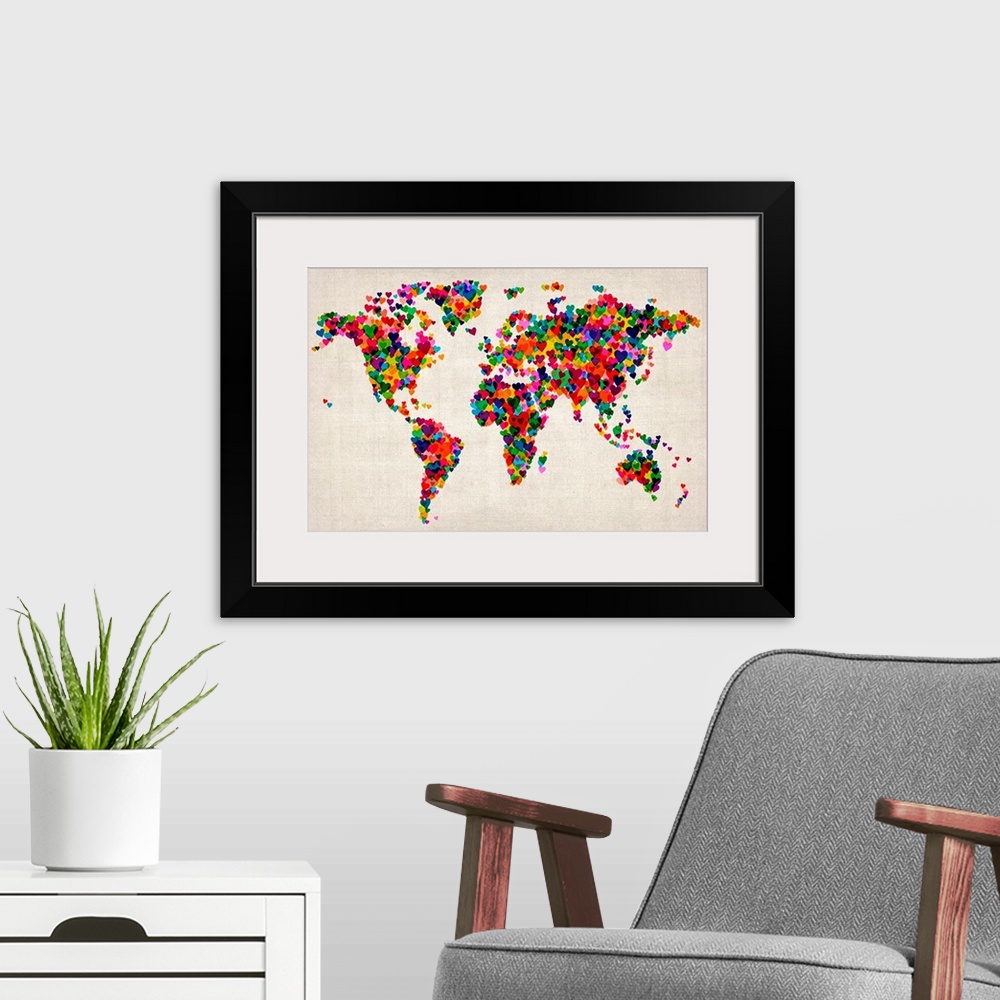 A modern room featuring Contemporary artwork of map with its continent shapes created by tiny colorful hearts.
