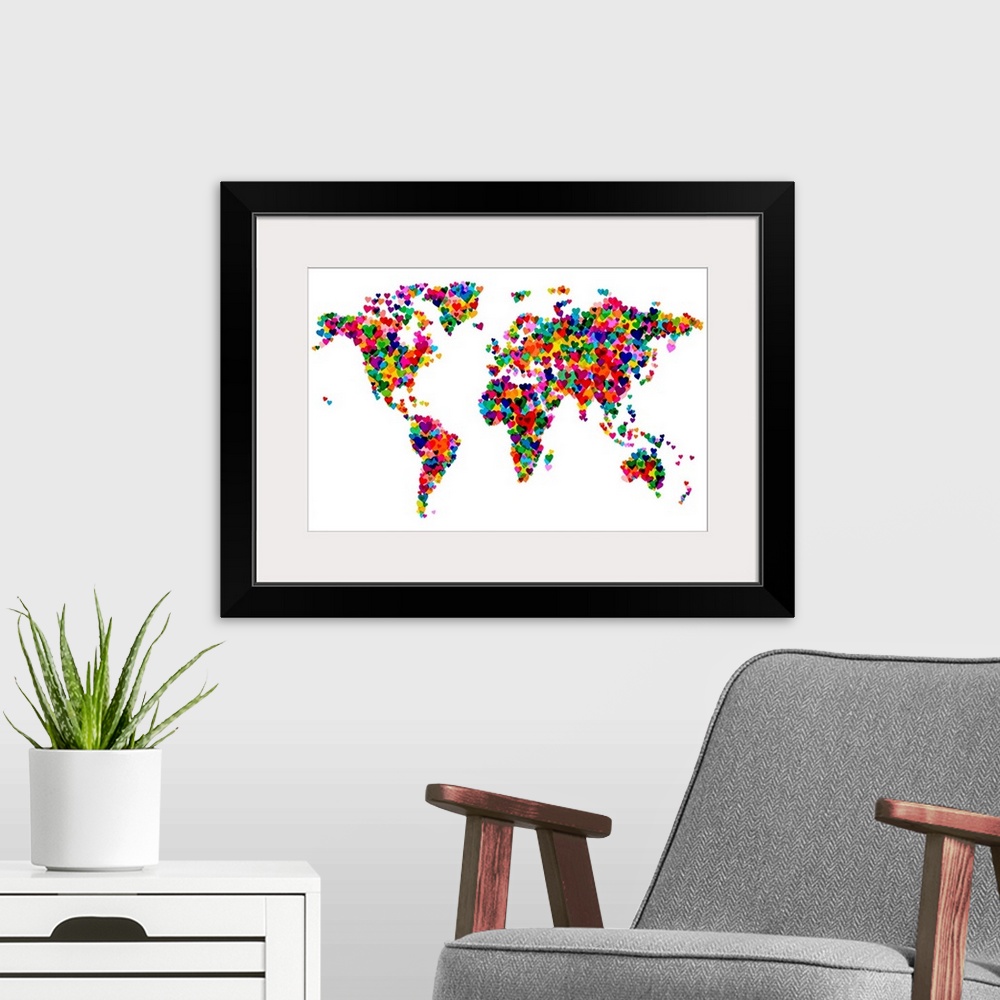 A modern room featuring A map made from collaging hearts into the shapes of the six main continents.