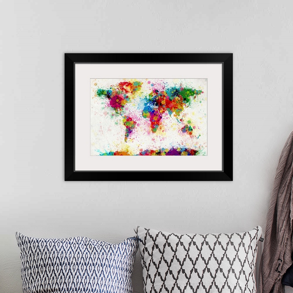 A bohemian room featuring Giant contemporary piece of colorful art that shows a world map composed of a number of paint dro...