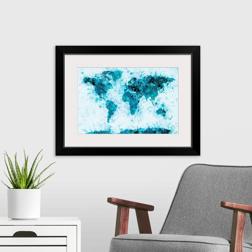 A modern room featuring Tonal map of the world made from splatters of paint.
