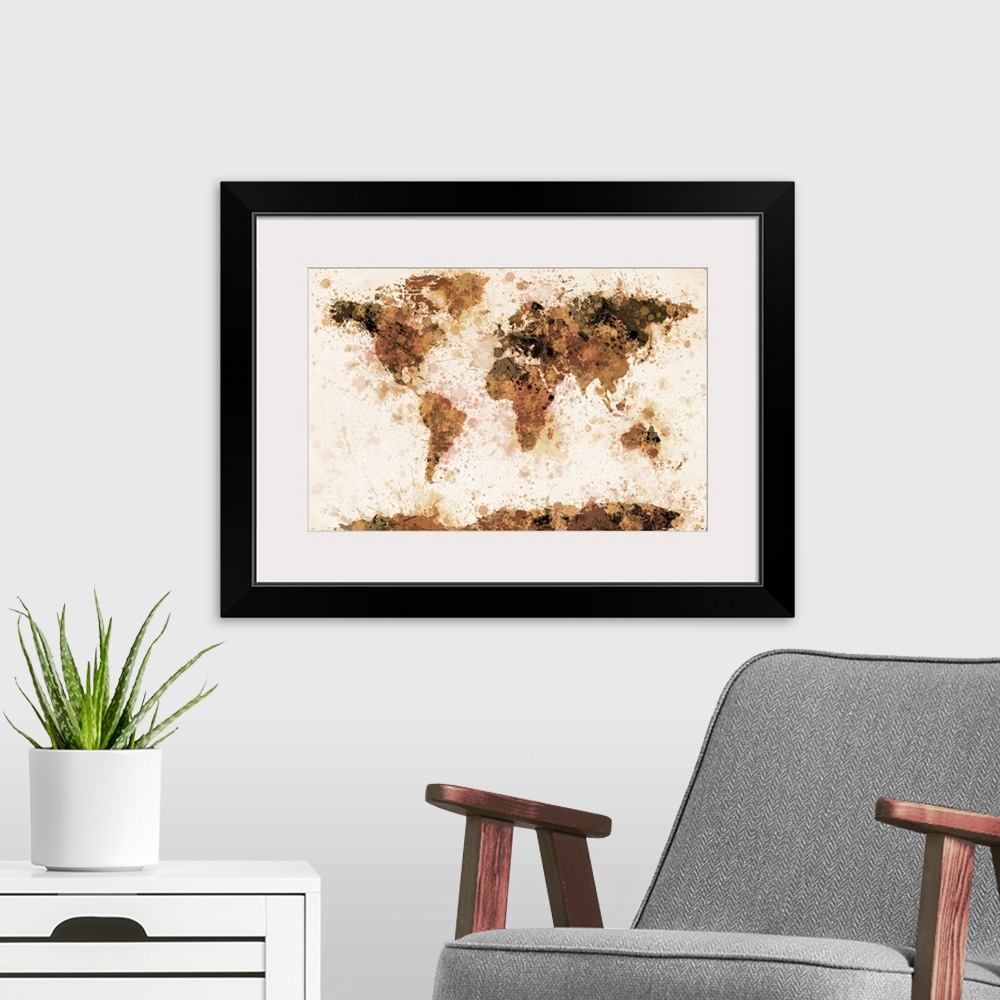 A modern room featuring Map of the world with its continents made of varying shades of ink splatters.