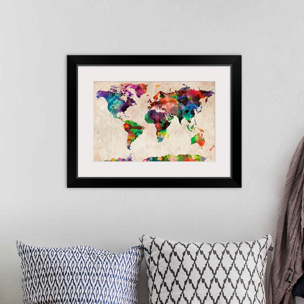 A bohemian room featuring Silhouette of continents filled with wild paint splatters on a textured background showing all th...