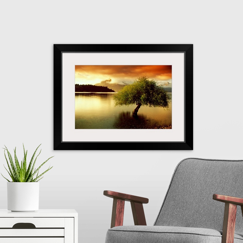A modern room featuring A lone tree growing out of a lake during a dramatic sunset. This big landscape canvas has dark sh...