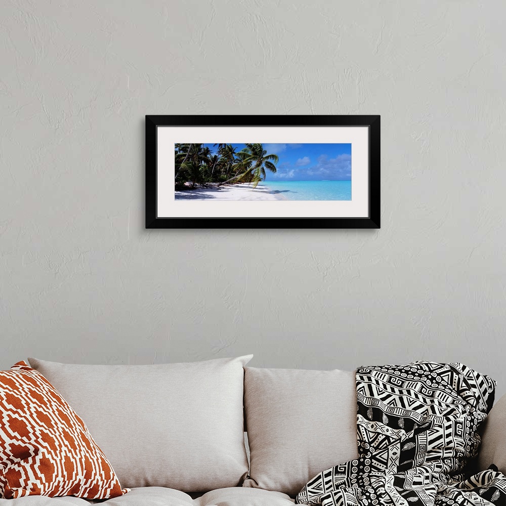 A bohemian room featuring Panoramic photograph of shoreline covered with palm trees under a cloudy sky.