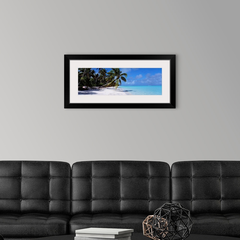 A modern room featuring Panoramic photograph of shoreline covered with palm trees under a cloudy sky.