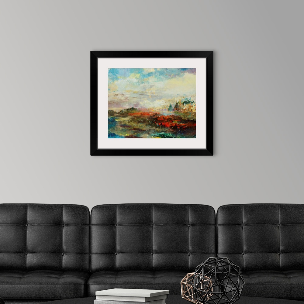 A modern room featuring Abstracted landscape painting with a cityscape on the horizon.