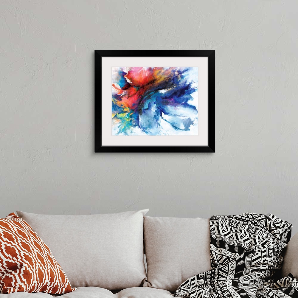 A bohemian room featuring A contemporary abstract painting of a cloud-like formation of deep colors and brush strokes.