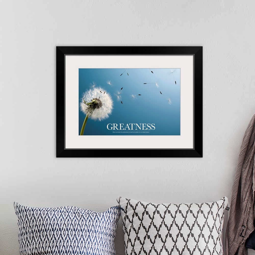 A bohemian room featuring Large canvas art showcases the seed pods of a lone dandelion flower blowing in wind.  At the bott...