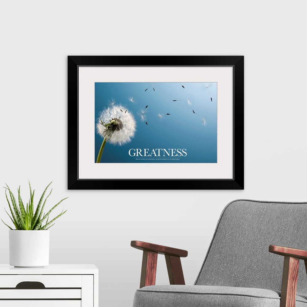 A modern room featuring Large canvas art showcases the seed pods of a lone dandelion flower blowing in wind.  At the bott...