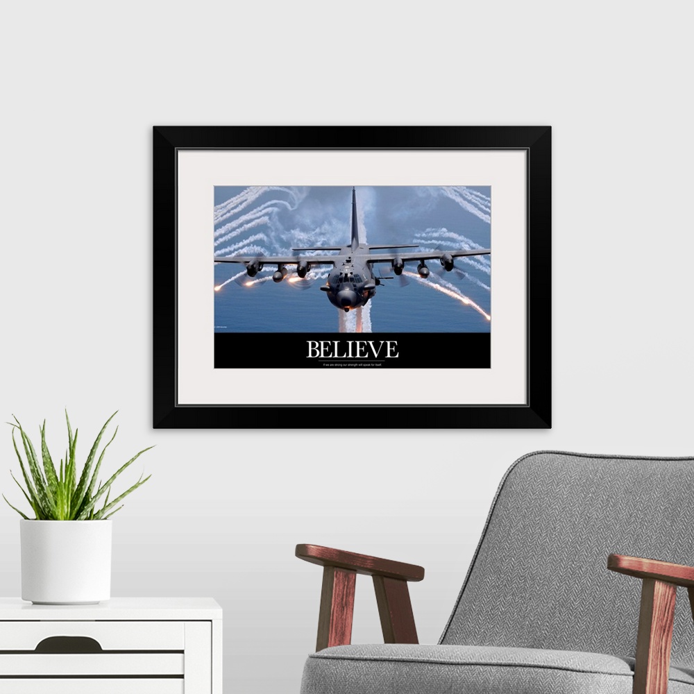A modern room featuring Horizontal inspirational wall hanging of an AC-130H aircraft surrounded by flares and trails of s...