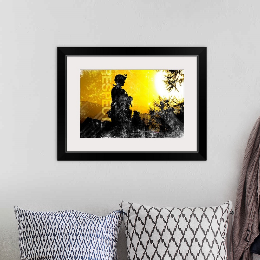 A bohemian room featuring A silhouette of a soldier looking to the right with trees and mountains in the background and a g...