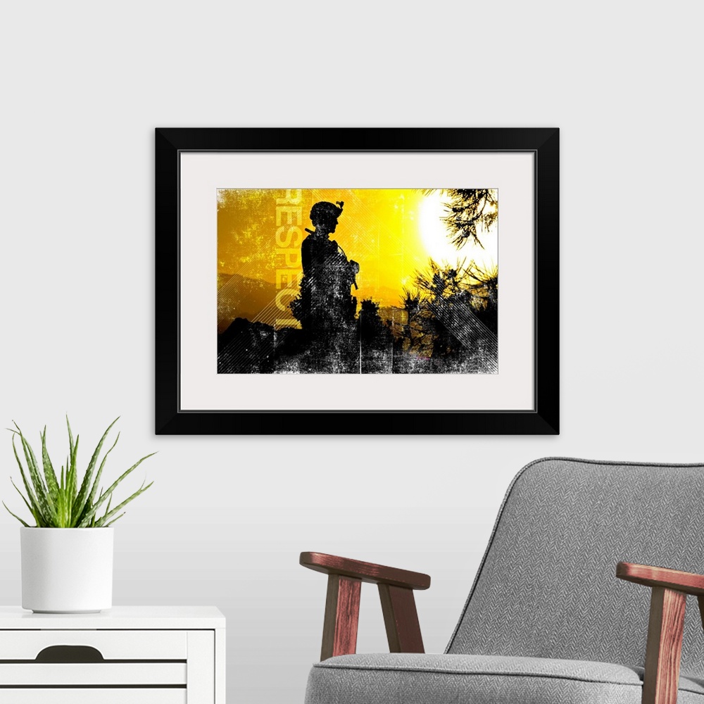 A modern room featuring A silhouette of a soldier looking to the right with trees and mountains in the background and a g...
