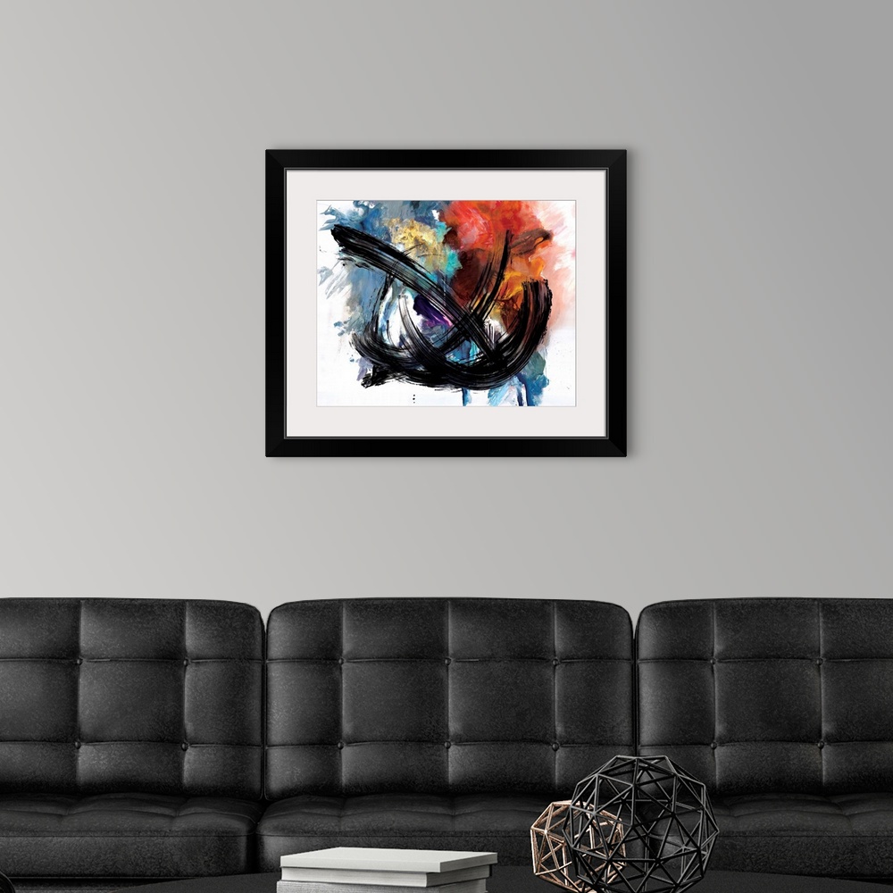 A modern room featuring Contemporary abstract artwork in bright, fiery colors with broad black strokes across the center.