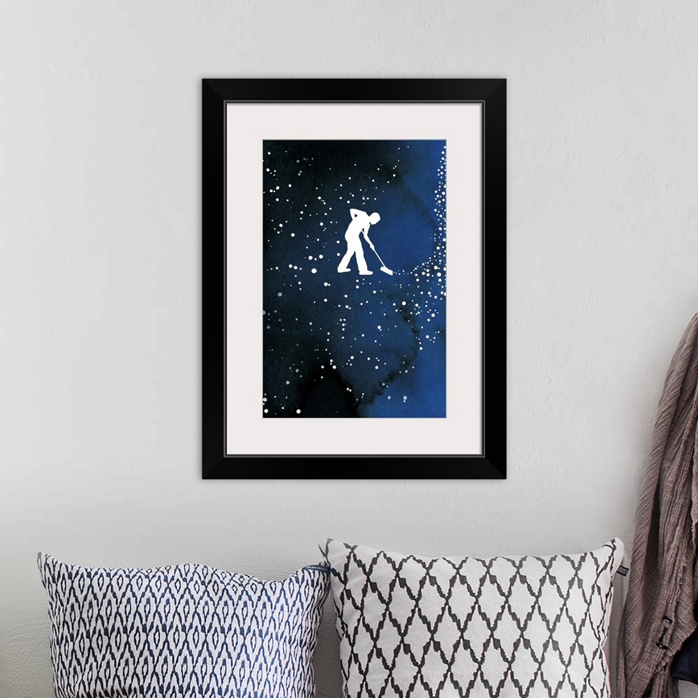 A bohemian room featuring Contemporary illustration of silhouetted man with broom sweeping stars in the sky.