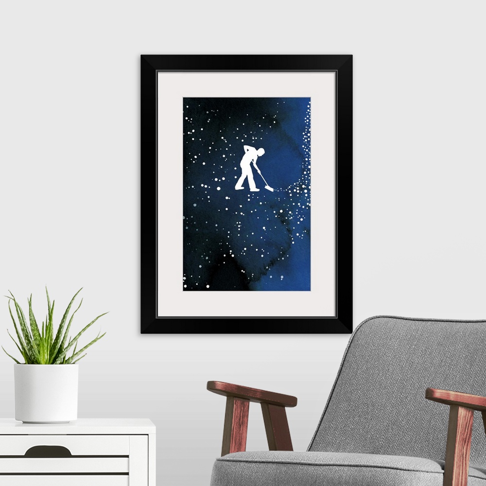 A modern room featuring Contemporary illustration of silhouetted man with broom sweeping stars in the sky.