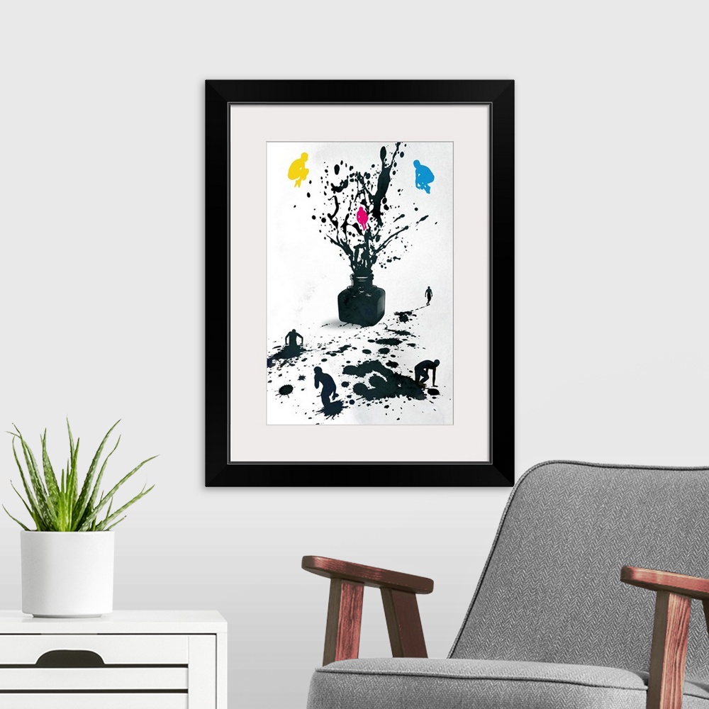 A modern room featuring This vertical wall hanging is a conceptual illustration with a CMYK color palette of human figure...