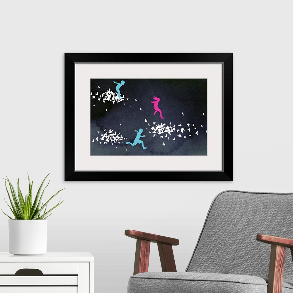 A modern room featuring Contemporary art showing children running and leaping through clouds of birds cut outs with a dar...