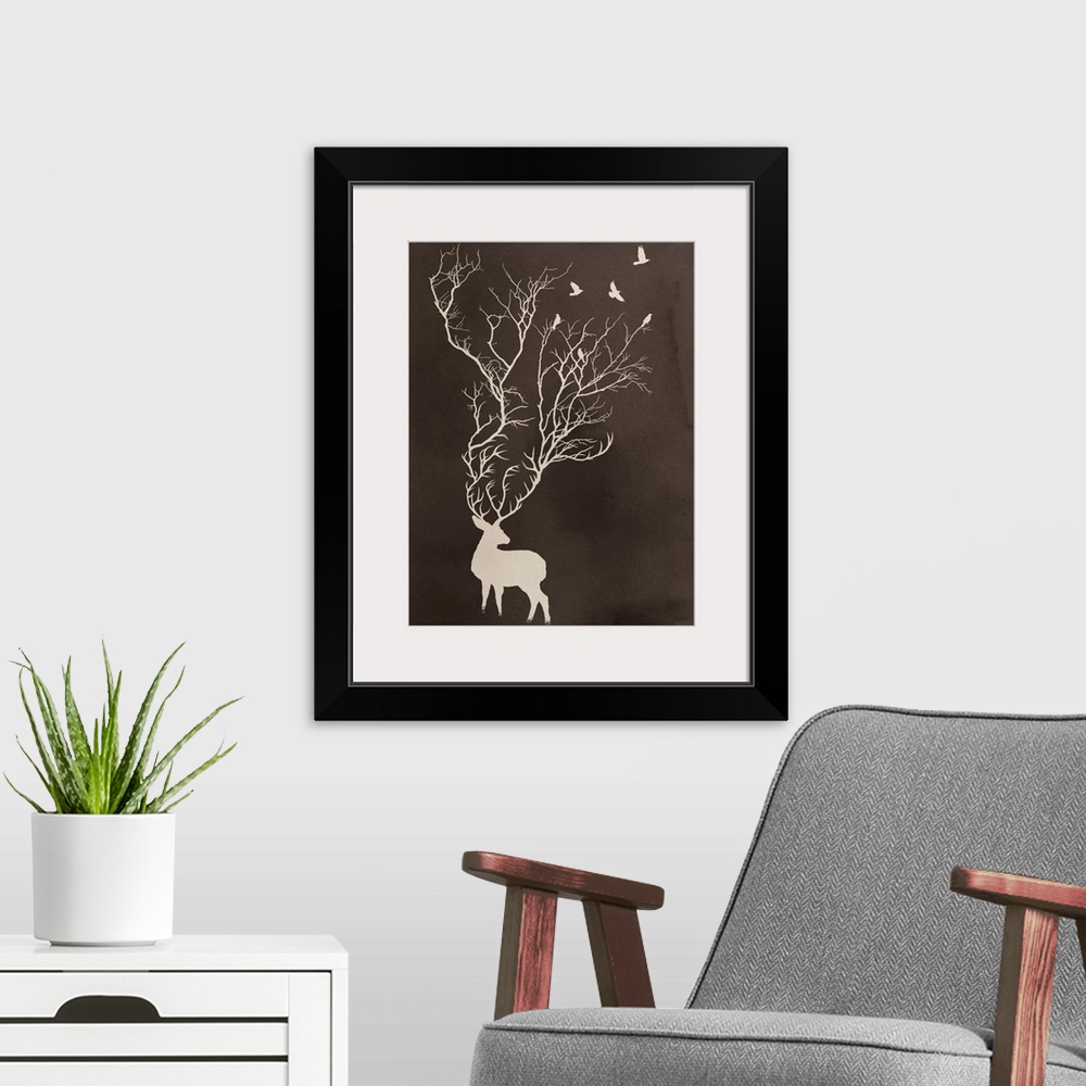 A modern room featuring Portrait, large wall art of a white silhouette of a dear standing at the bottom of the image, wit...