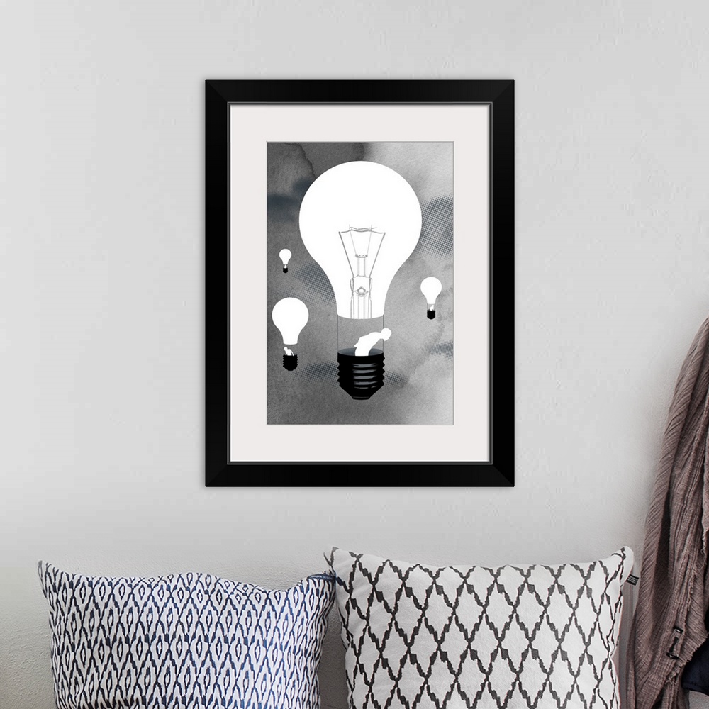A bohemian room featuring A conceptual illustration of lightbulbs transformed into hot air balloons rising over a backgroun...