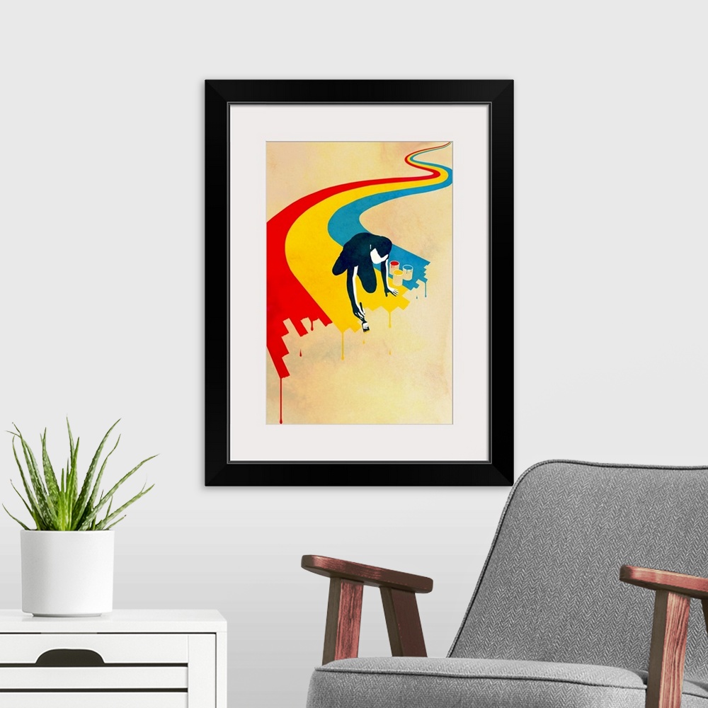 A modern room featuring Contemporary illustration of a silhouetted man painting a winding rainbow.  The edge of the rainb...