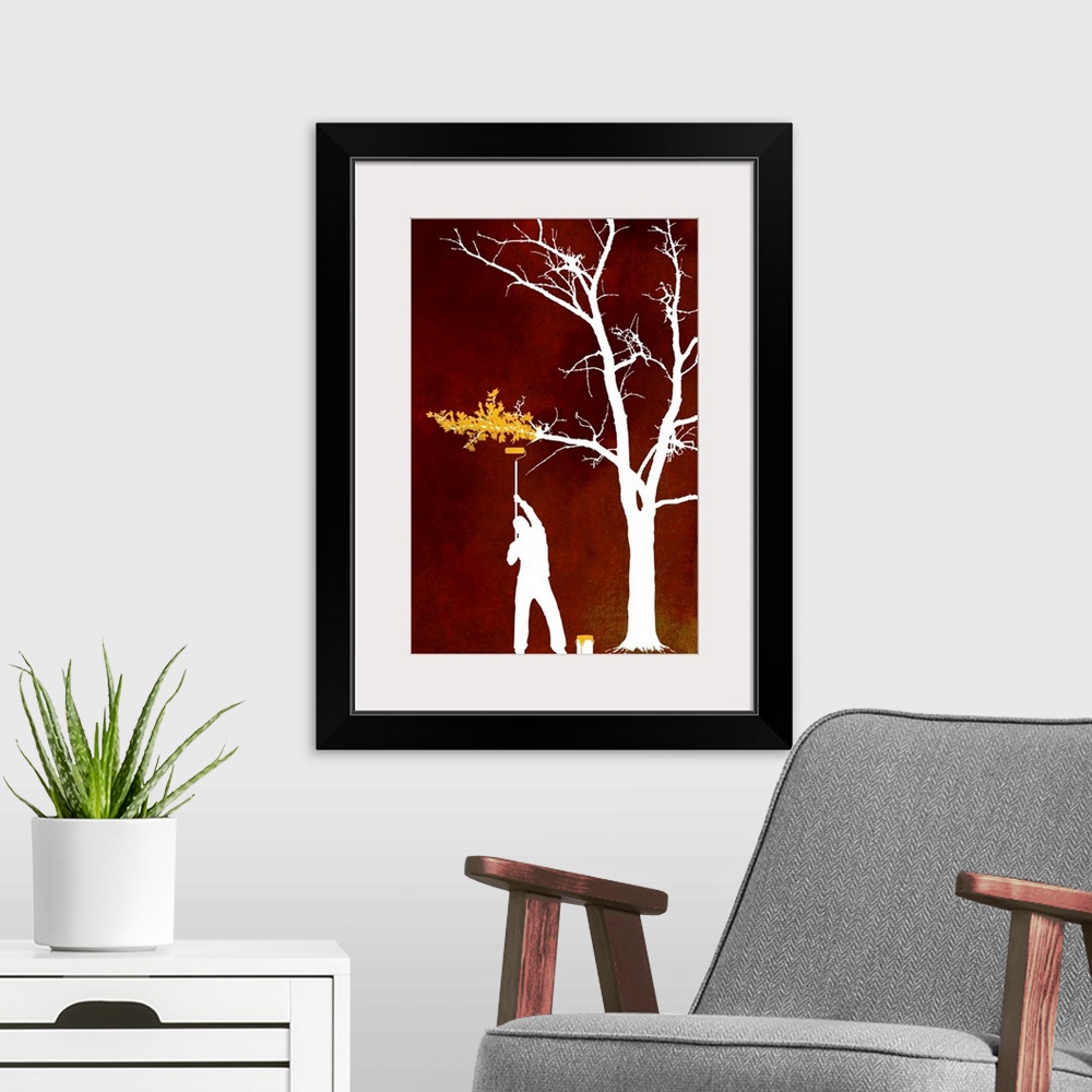 A modern room featuring Contemporary painting of the silhouette of a man painting leaves on a bare tree with a warm textu...