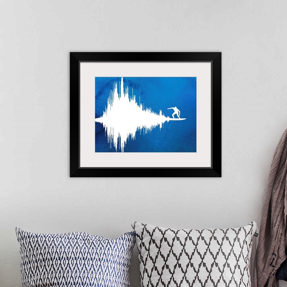 A bohemian room featuring Contemporary abstract painting of a soundwave with a surfer at the end of it.