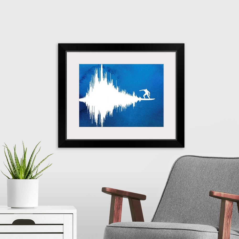 A modern room featuring Contemporary abstract painting of a soundwave with a surfer at the end of it.