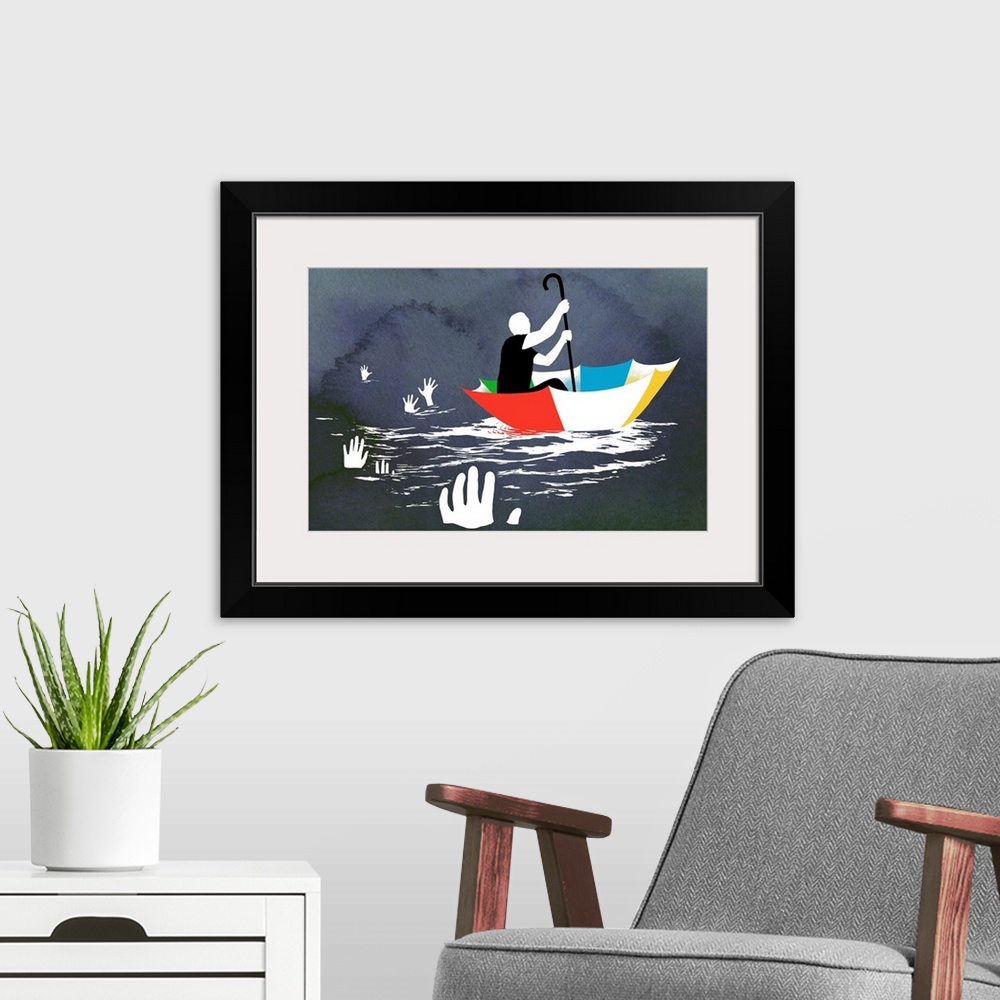 A modern room featuring Minimalist graphic of a silhouette of a man in a colorful umbrella riding past outstretched hands...