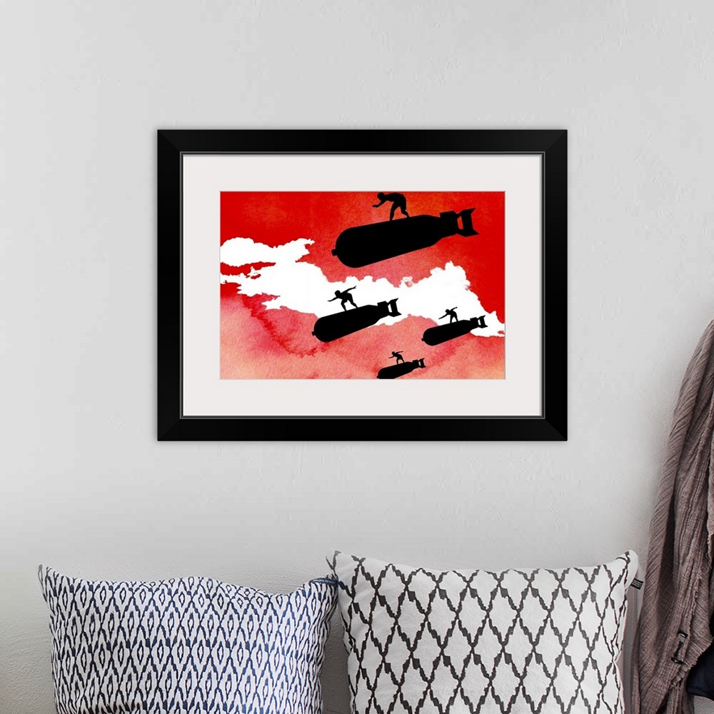 A bohemian room featuring Giant silhouetted illustration of men surfing on large bombs against a rough sky filled with vibr...