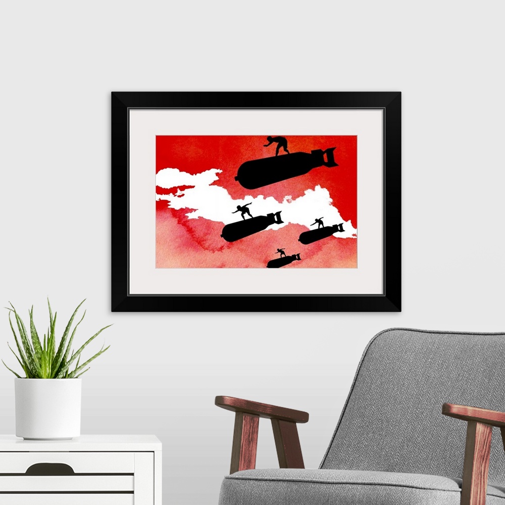 A modern room featuring Giant silhouetted illustration of men surfing on large bombs against a rough sky filled with vibr...