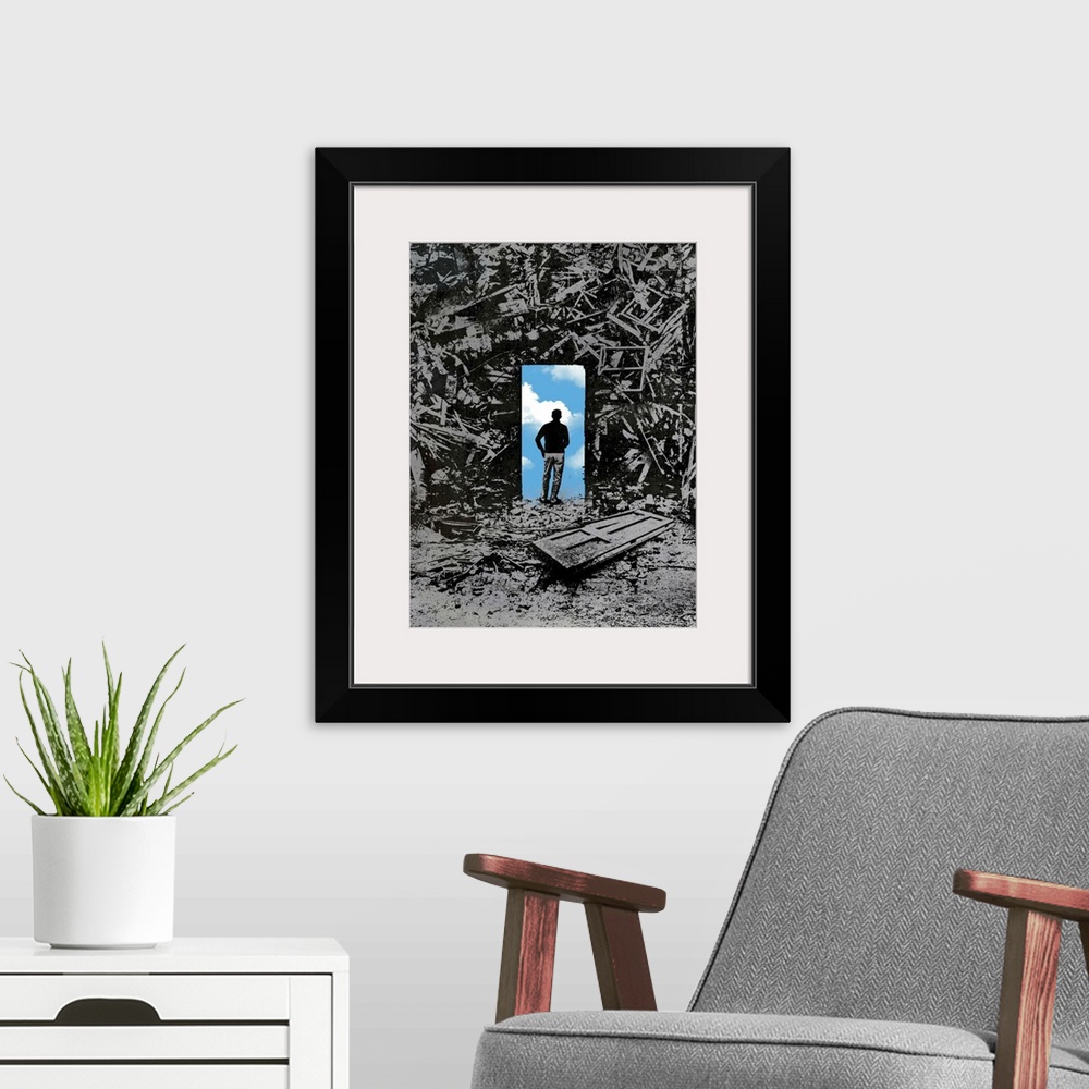 A modern room featuring This conceptual illustration shows a silhouetted figure standing on a door way collaged over a ju...