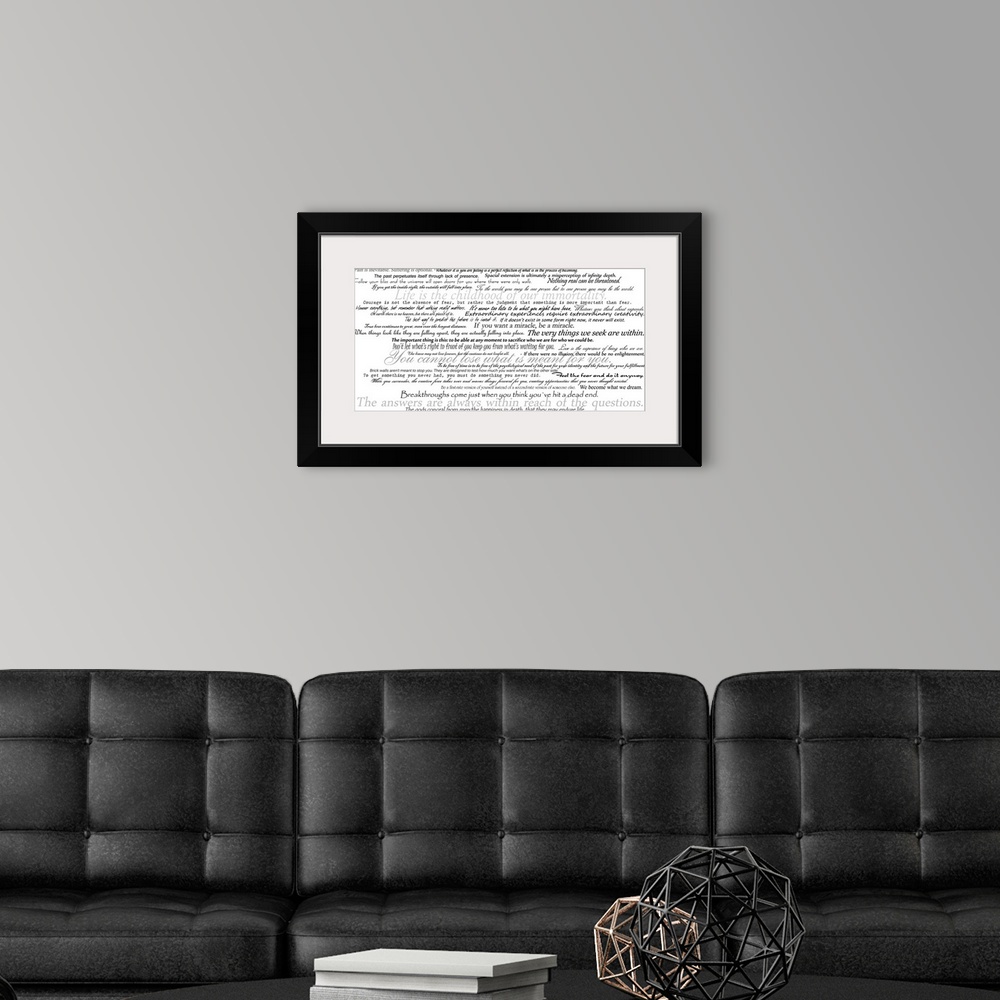 A modern room featuring Dozens of inspirational and motivational quotes in black text on a white background.