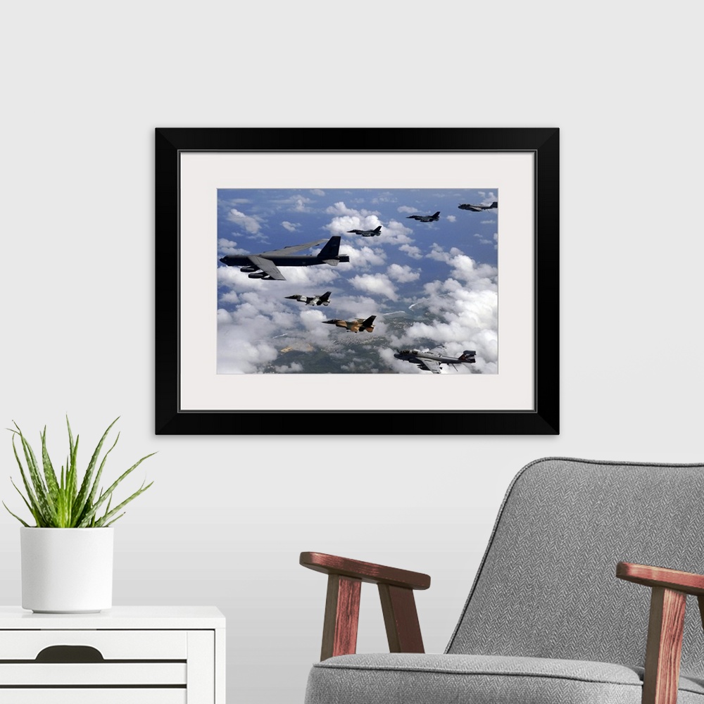 A modern room featuring Military aircrafts are photographed flying high and in formation over Guam.