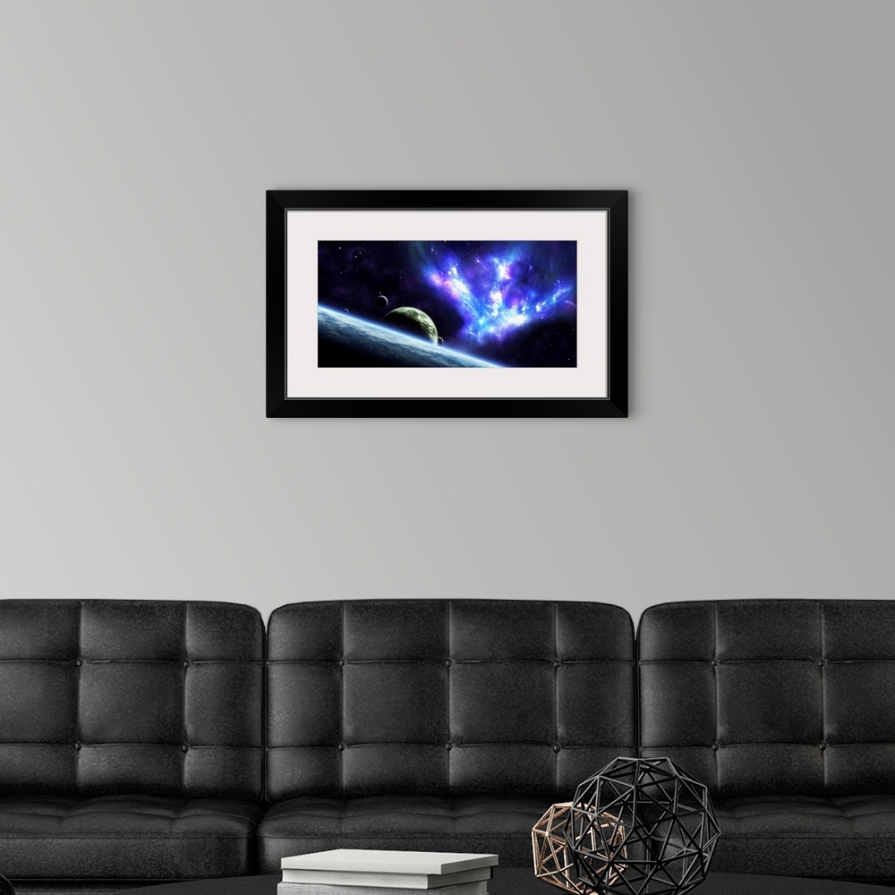 A modern room featuring Panoramic photograph of interstellar cloud of dust, hydrogen, and helium overlooking cosmos.
