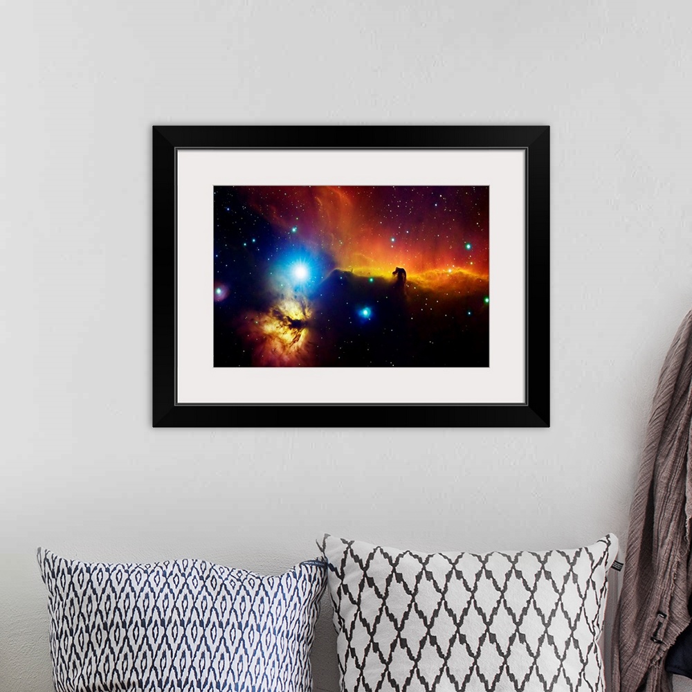 A bohemian room featuring Big photograph showcases a star filled sky within the Alnitak region in Orion Flame Nebula that f...