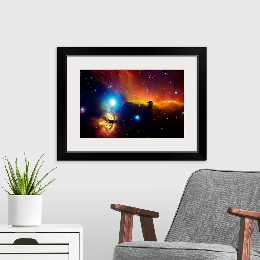 A modern room featuring Big photograph showcases a star filled sky within the Alnitak region in Orion Flame Nebula that f...