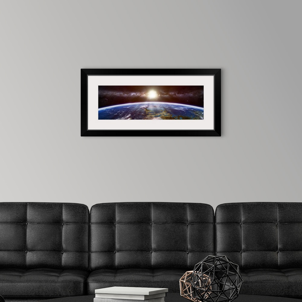 A modern room featuring Panoramic contemporary art depicts a visualization of a foreign planet taken from the viewpoint o...
