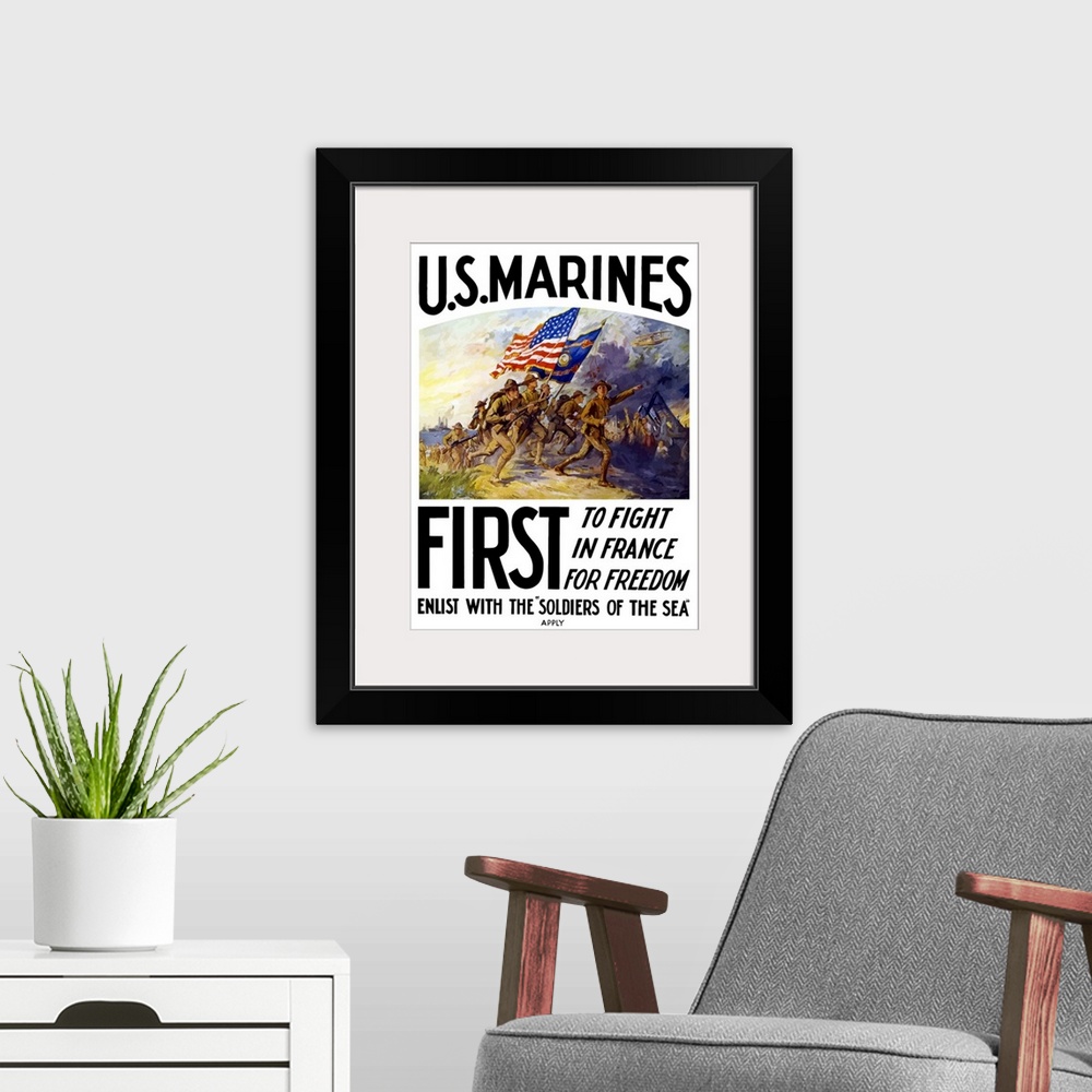 A modern room featuring This historical propaganda poster shows marines rushing over a hill in to a battle field carrying...