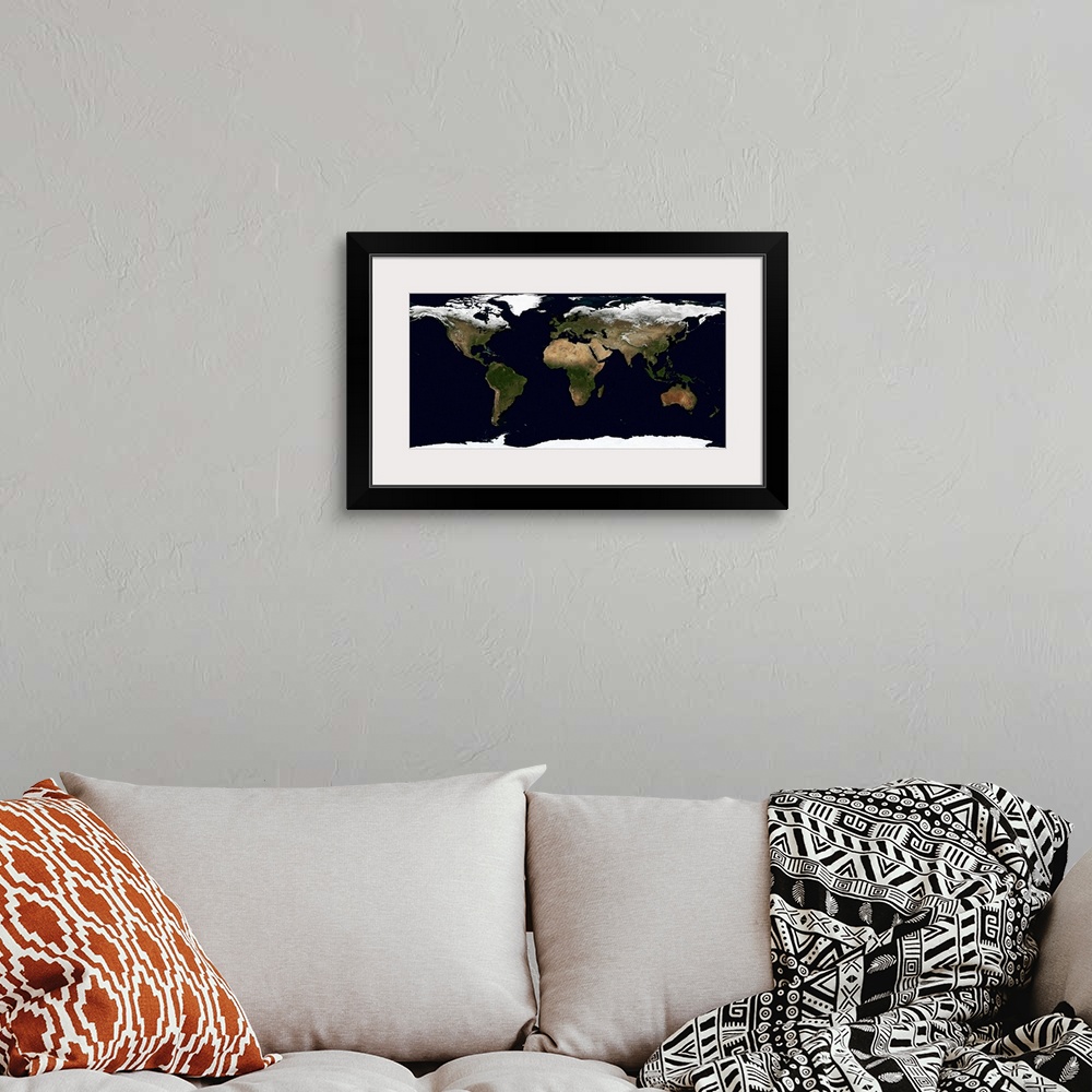 A bohemian room featuring Large panoramic canvas of Earth from space.