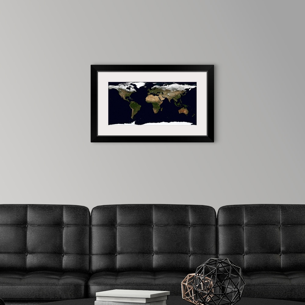 A modern room featuring Large panoramic canvas of Earth from space.