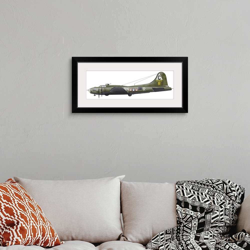 A bohemian room featuring Illustration of a Boeing B-17F Knockout Dropper aircraft.